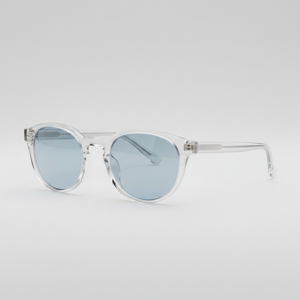 Transparent frame sunglasses with light blue lenses, right side view
