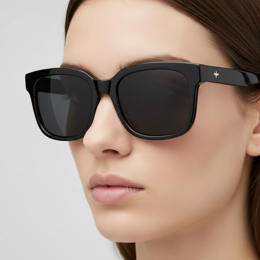 Black classic sunglasses worn by model closeup