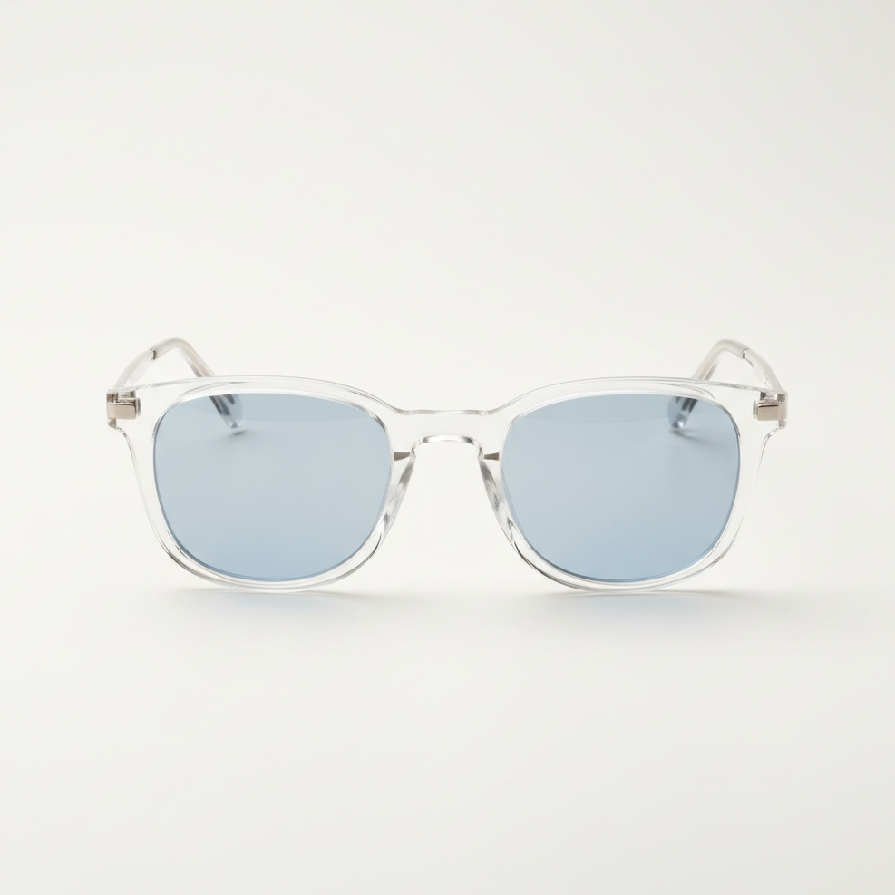 Transparent frame sunglasses with light blue lenses, front view
