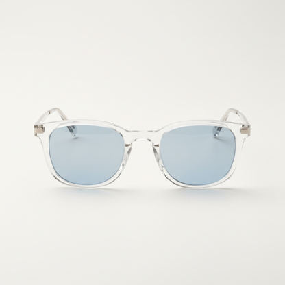 Transparent frame sunglasses with light blue lenses, front view
