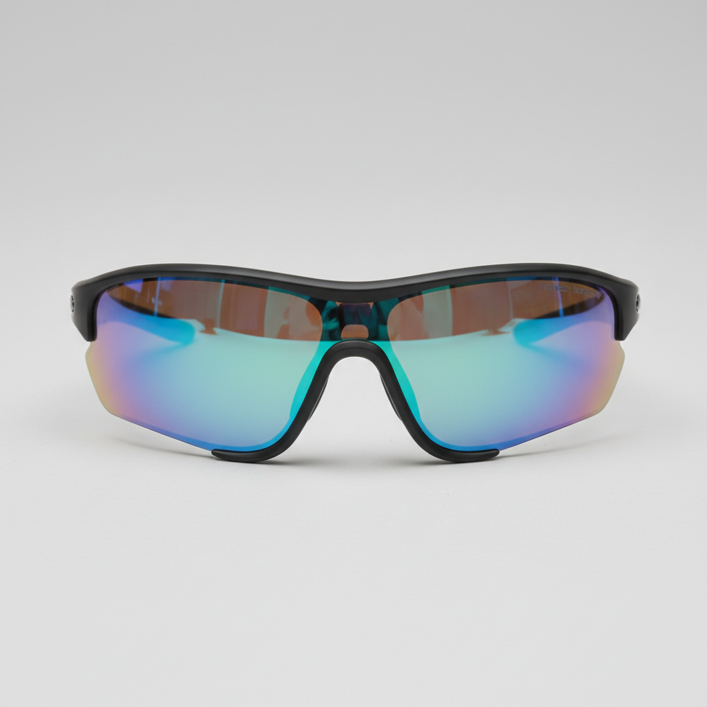 Sport sunglasses with wrap design and reflective lenses, front view