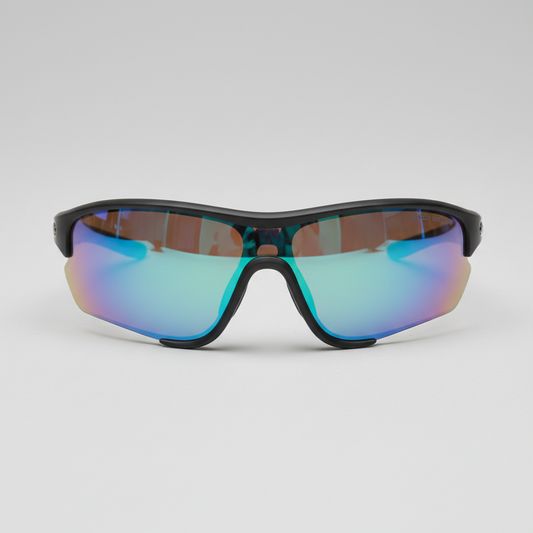 Sport sunglasses with wrap design and reflective lenses, front view