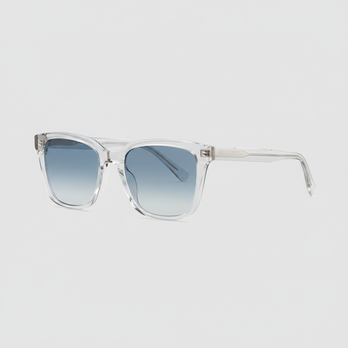 Transparent frame sunglasses with light blue lenses, left side view