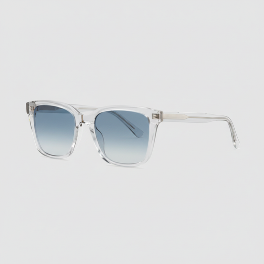 Transparent frame sunglasses with light blue lenses, left side view