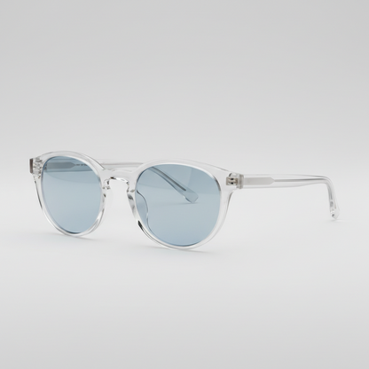 Transparent frame sunglasses with light blue lenses, right side view