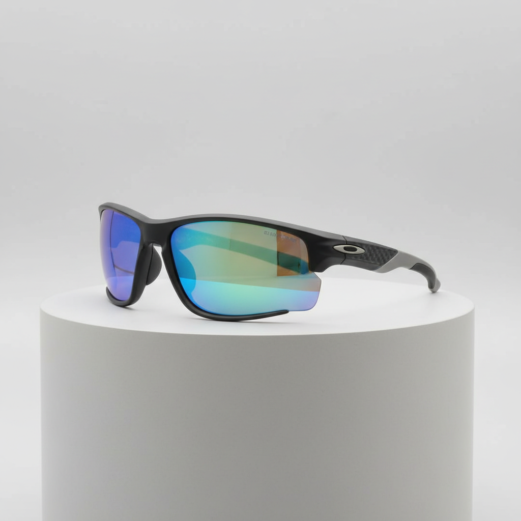 Sport sunglasses with wrap design and reflective lenses, left side view