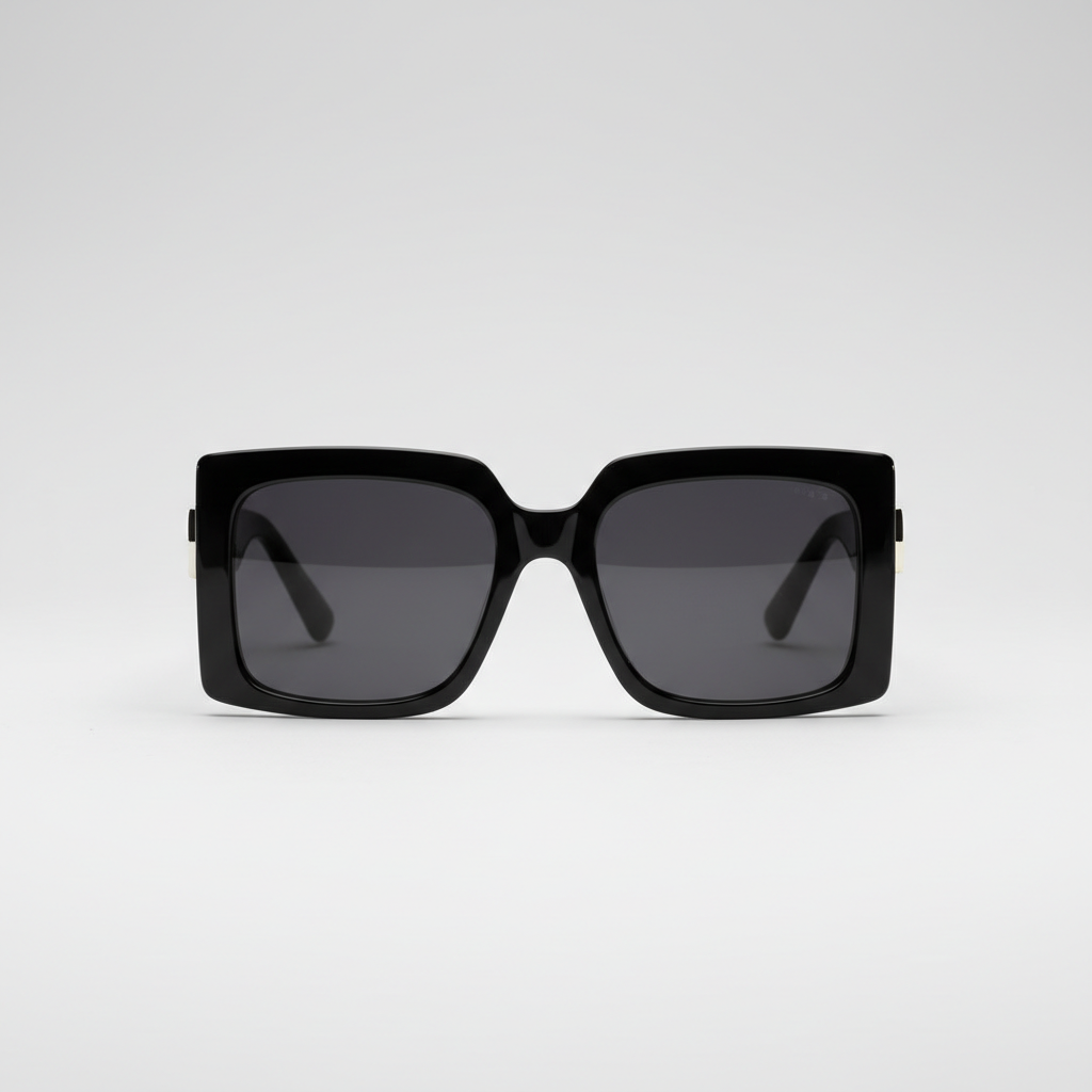 Oversized square sunglasses with bold black frame, front view