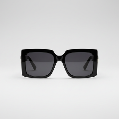 Oversized square sunglasses with bold black frame, front view