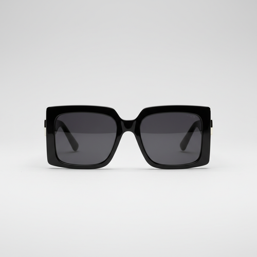 Oversized square sunglasses with bold black frame, front view
