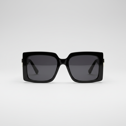 Oversized square sunglasses with bold black frame, front view